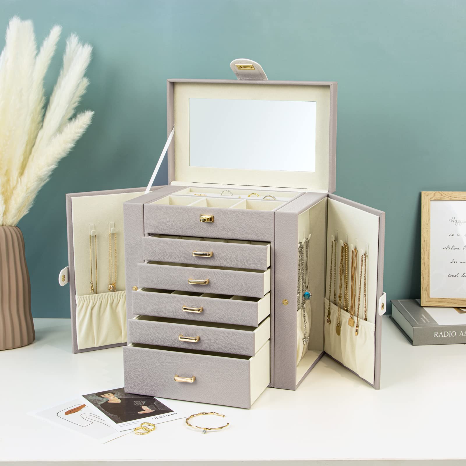 KAMIER Jewelry Box for Women, 6-Layer Large Jewelry Organizer Box with Mirror & 5 Drawers for Rings, Earrings, Necklaces, Bracelets,Gray