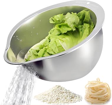 4-in-1 Rice Washing Bowl - Rice Washer Strainer Bowl - Stainless Steel Colander for Quinoa, Fruit and Vegetable Wash - Multi-Purpose Rice Strainer and Colander for Kitchen 1 Pack