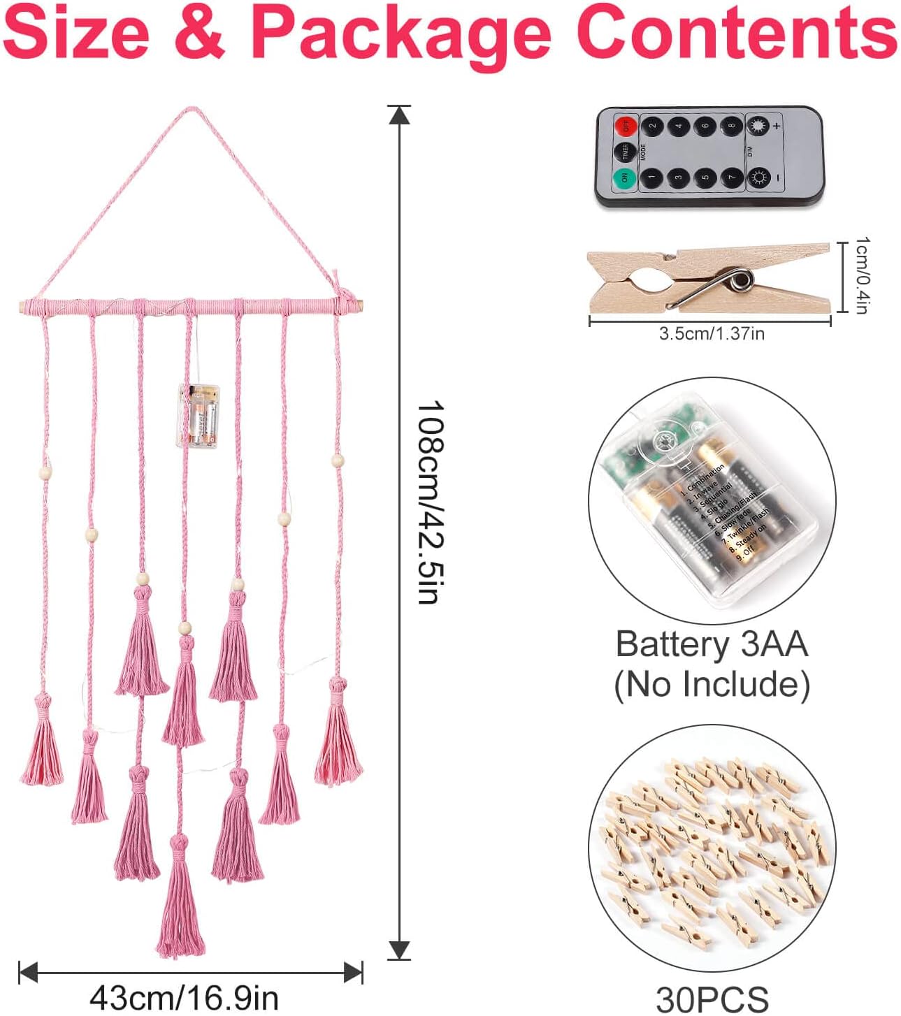 Hanging Photo Display Wall Decor, Pink Macrame Wall Hanging Boho Room Bedroom Decor, Picture Frame Collage with Remote Light & 30 Clips, Christmas Teenage Teen Girl Gifts Ages 10 11 12 13 14 Years Old