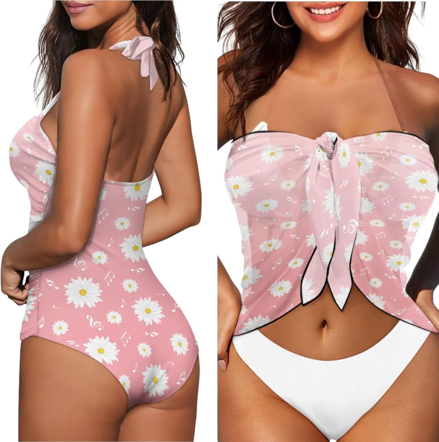 Women's Tummy Control Swimsuit Set: One Piece Bathing Suit, Breathable Chiffon Sarong Wrap for Summer Sports