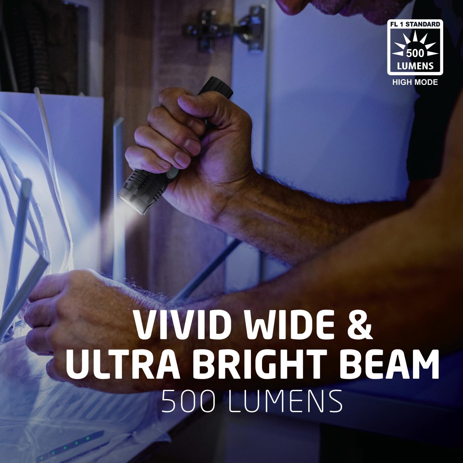 Close-up of a hand holding the Eveready flashlight, illuminating a dark area with a vivid, wide, and ultra-bright beam of 500 lumens.