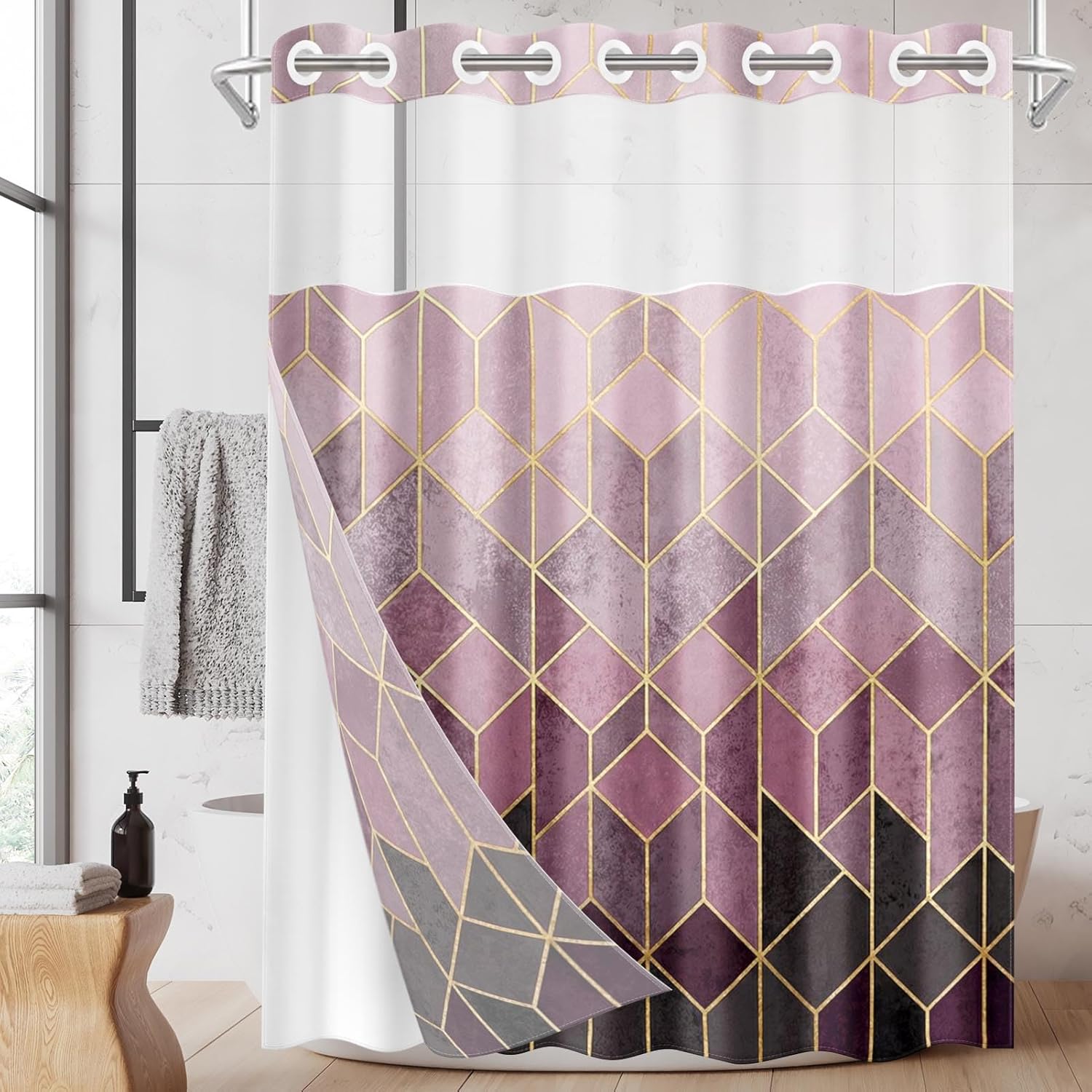 No Hook Brown Modern Geometric Shower Curtain with Snap in Fabric Liner Set, Gradient Cubic Lines Double Layers Waterproof Fabric with See Through Top Window Open Grommet Curtain 71x74 Inch