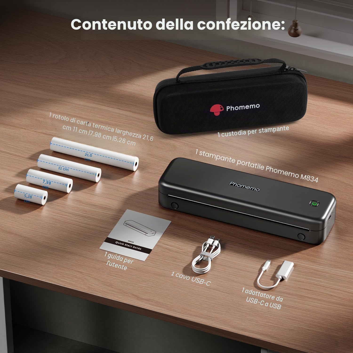 Phomemo M834 Stampante Termica Portatile A4 Bluetooth USB Nero con Custodia e 4 Rotoli Carta