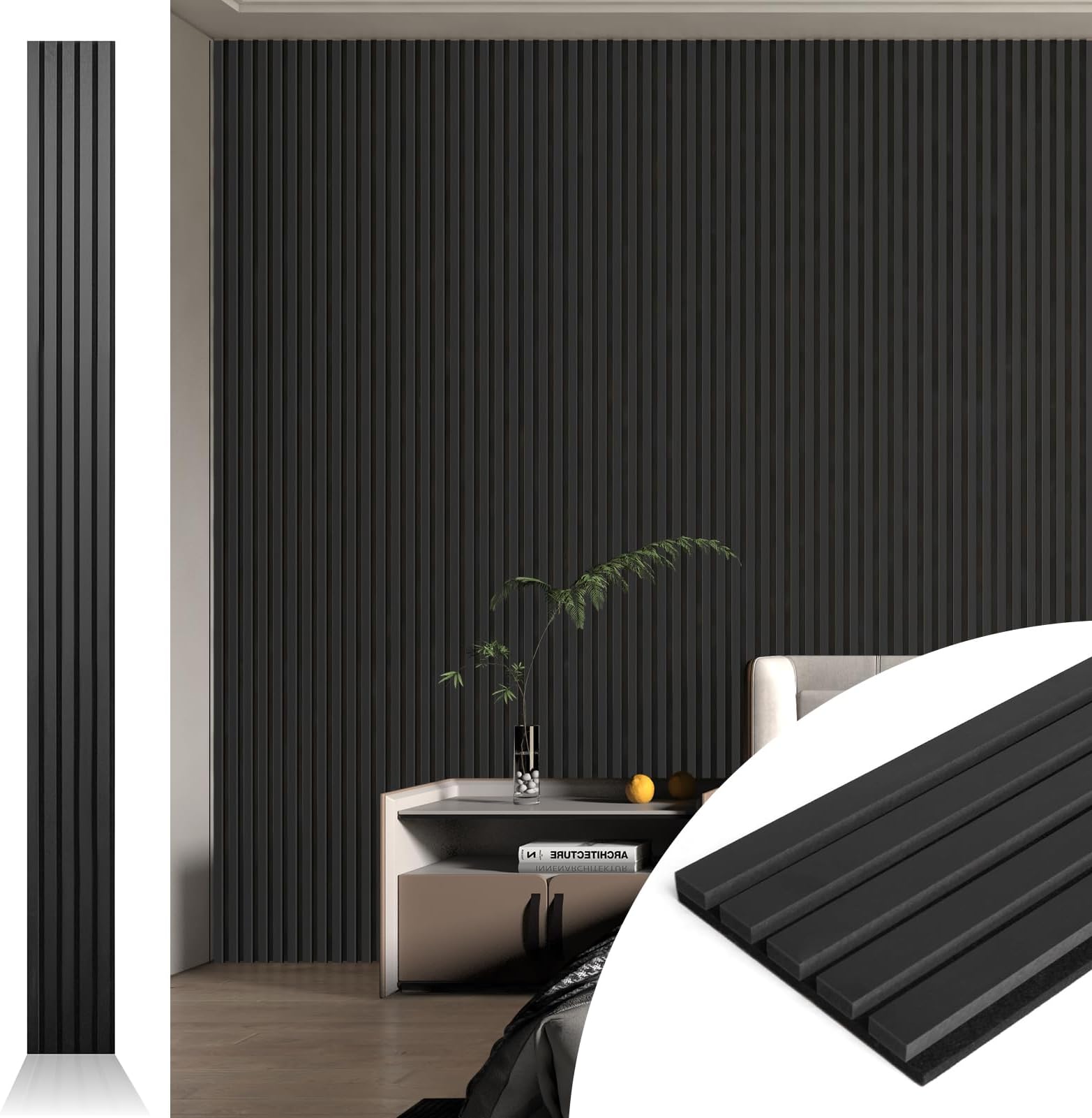 Art3d 4pcs-107 x 8in Slat Acoustic Panel for Wall and Ceiling, 3D Fluted Sound Absorbing Panel with Wood Finish, Black
