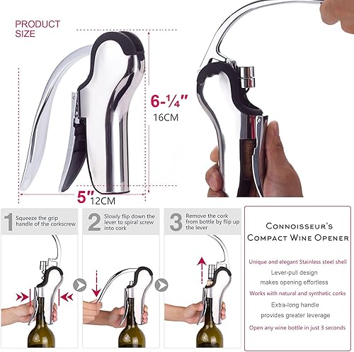 Miniatura 8 de KAYCROWN Sacacorchos de palanca vertical de acero inoxidable compacto del abrelatas del vino con el cortador incorporado de la