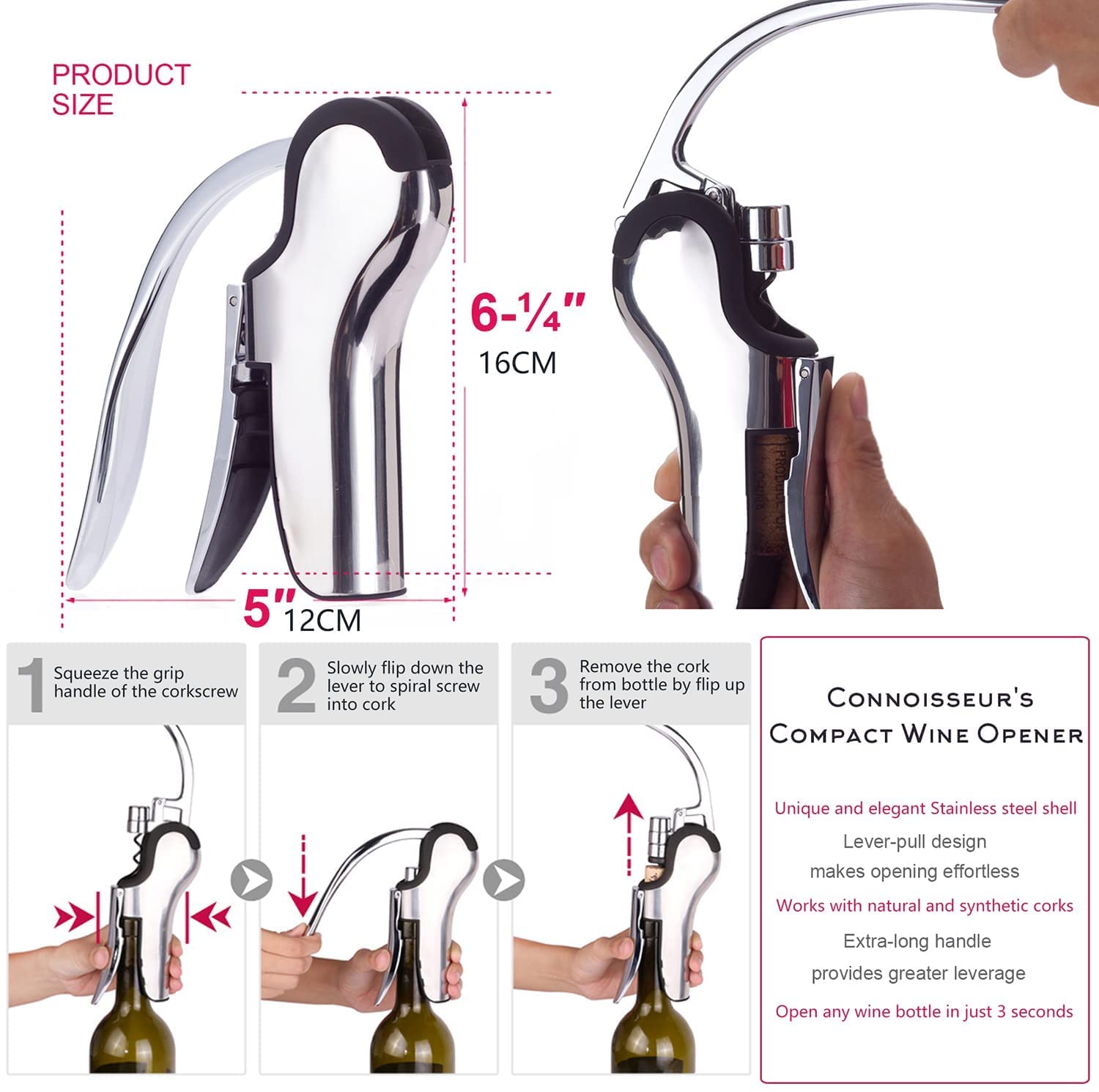 Kaycrown, cavatappi a leva verticale compatto, in acciaio inox, con taglierina a lamina integrata