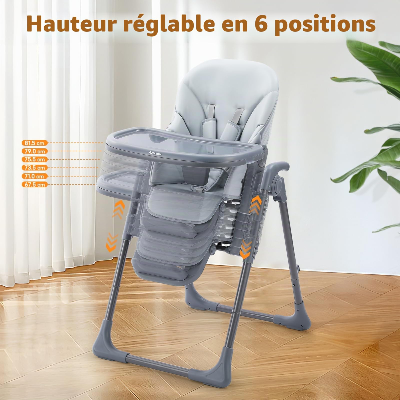Ezebaby Chaise Haute Bébé Evolutive Chaise enfant 6 Réglable en Hauteur, Pliable, avec Roues Intégrées et Harnais de Sécurité à 5 Points Idéale pour Manger et Jouer (Gris)