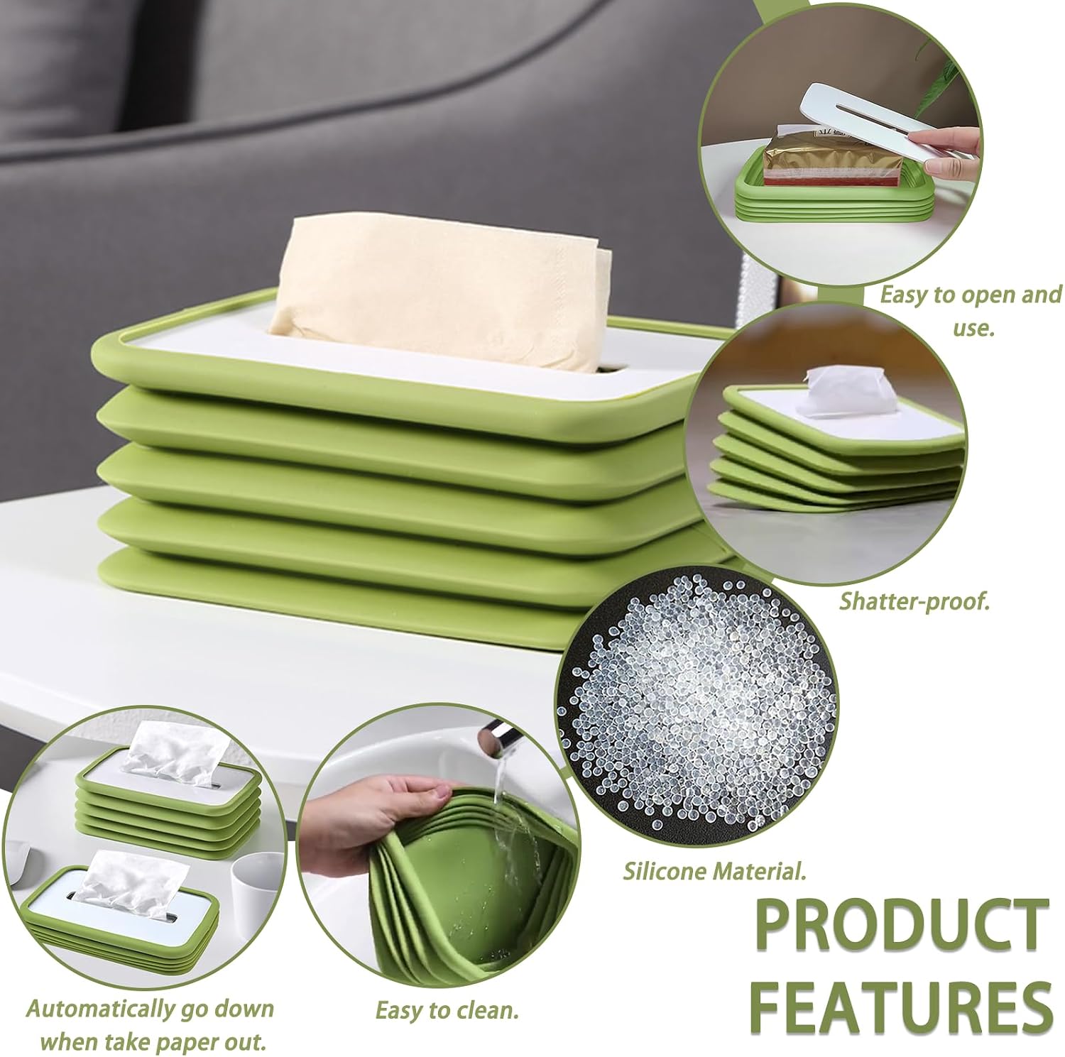 Silicone Foldable Tissue Box Cover- Cute Tissue Box Holder Rectangle, Long Decorative Rectangular Tissue Dispenser for Bathroom Car, Green