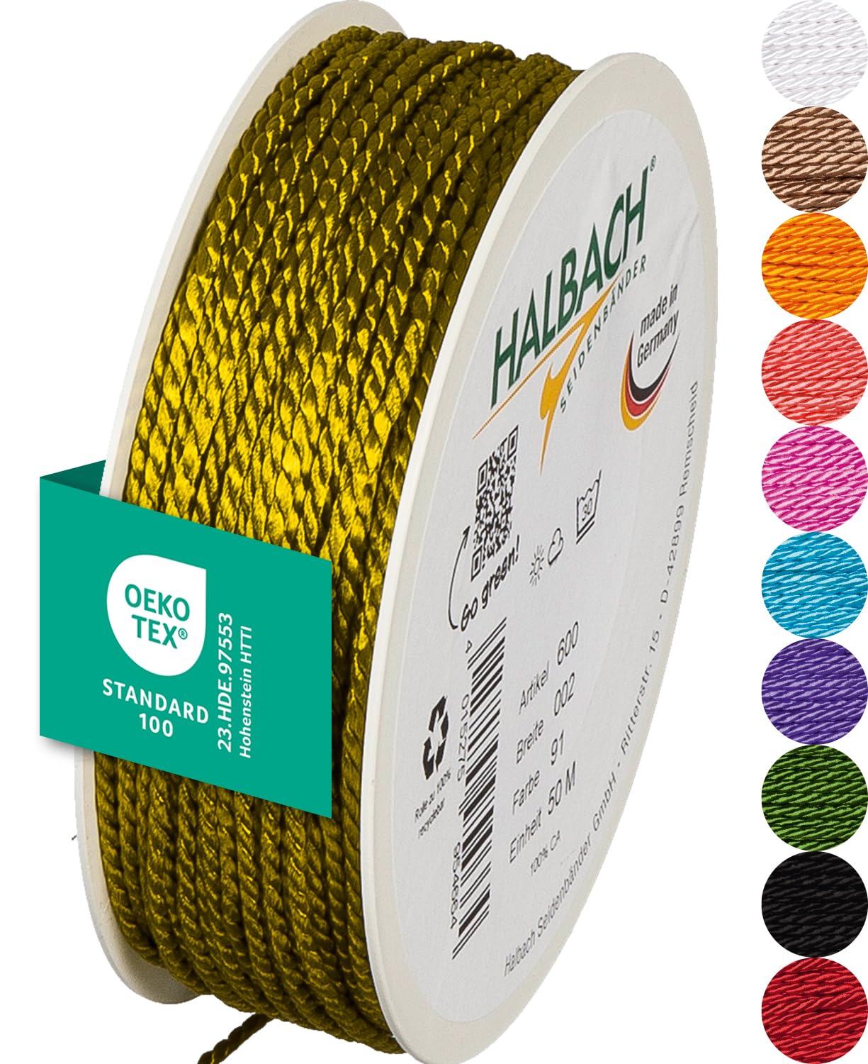 Halbach Seidenbänder Premium Kordel (olivgrün) | Breite 2mm Länge 50m | Made in Germany & Öko-Tex Zertifiziert | glänzende Satinkordel aus Acetat