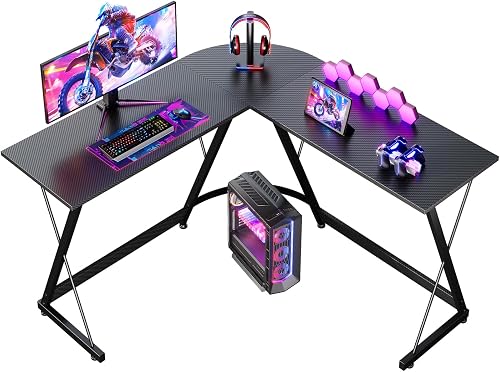ODK Escritorio Gaming, 120 x 120 cm Mesa Gaming, Escritorio esquinero Estable y económico para Juegos, Oficina en casa y Estudio, Fibra de Carbono Negra