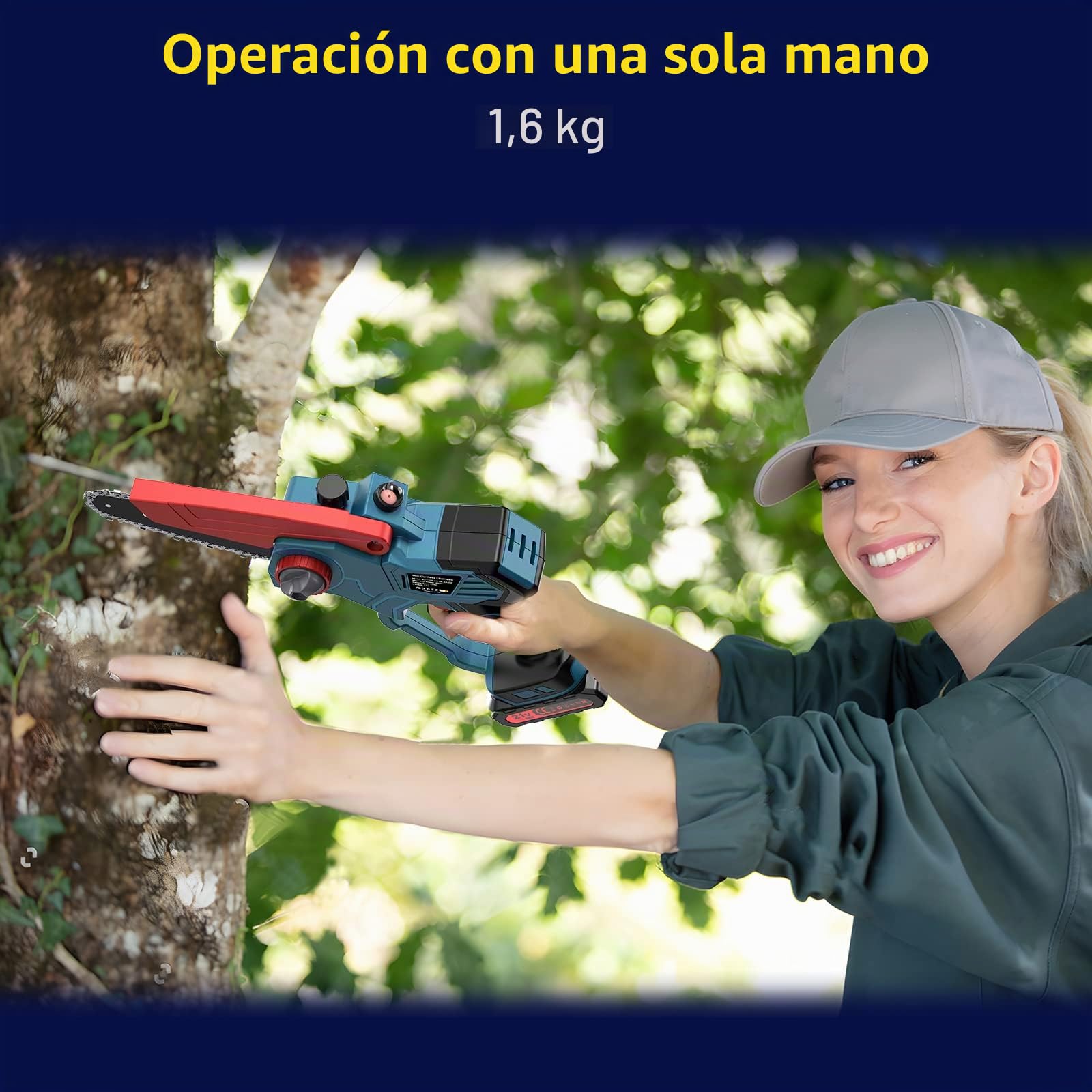 Bogseth Mini Motosierra Bateria 6 Pulgadas, Motosierra Eléctrica, Motosierra de Mano para Ramas, Rboles, Jardín, 2 Baterías, 2 Cadenas