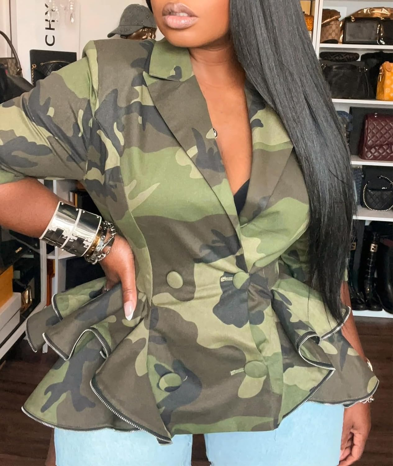 Inroserm Women's Camo Jackets Casual Cropped Long Sleeve Camouflage Army Fatigue Double Breasted Peplum Blazer Jacket - Image 2