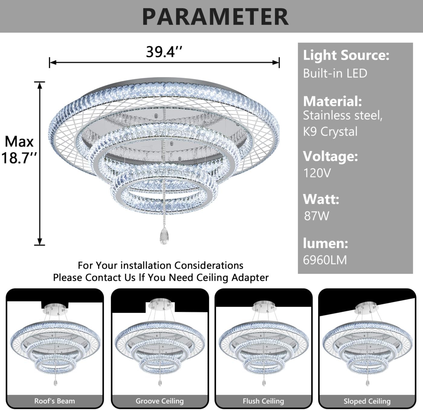 39.4" Modern Crystal Chandeliers Dimmable Lager Chandelier LED Flush Mount Ceiling Light High Ceiling Chandelier for Living Room Dining Room Bedroom Foyer Hallway Entryway Silver