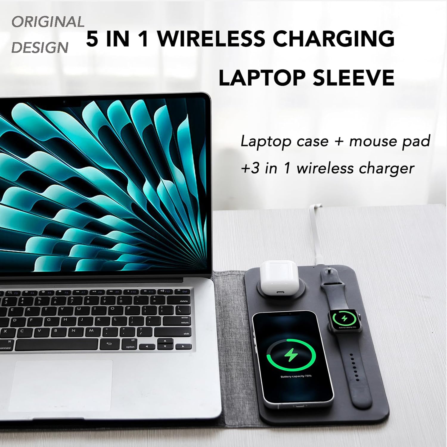 5-in-1 Laptop Sleeve with Wireless Charging for iPad MacBook Pro 12" 13" 14", Charge Mat for Phone Earbuds iWatch, Executive Office Organizer with Pocket, Waterproof Vegan Leather Case (Black)