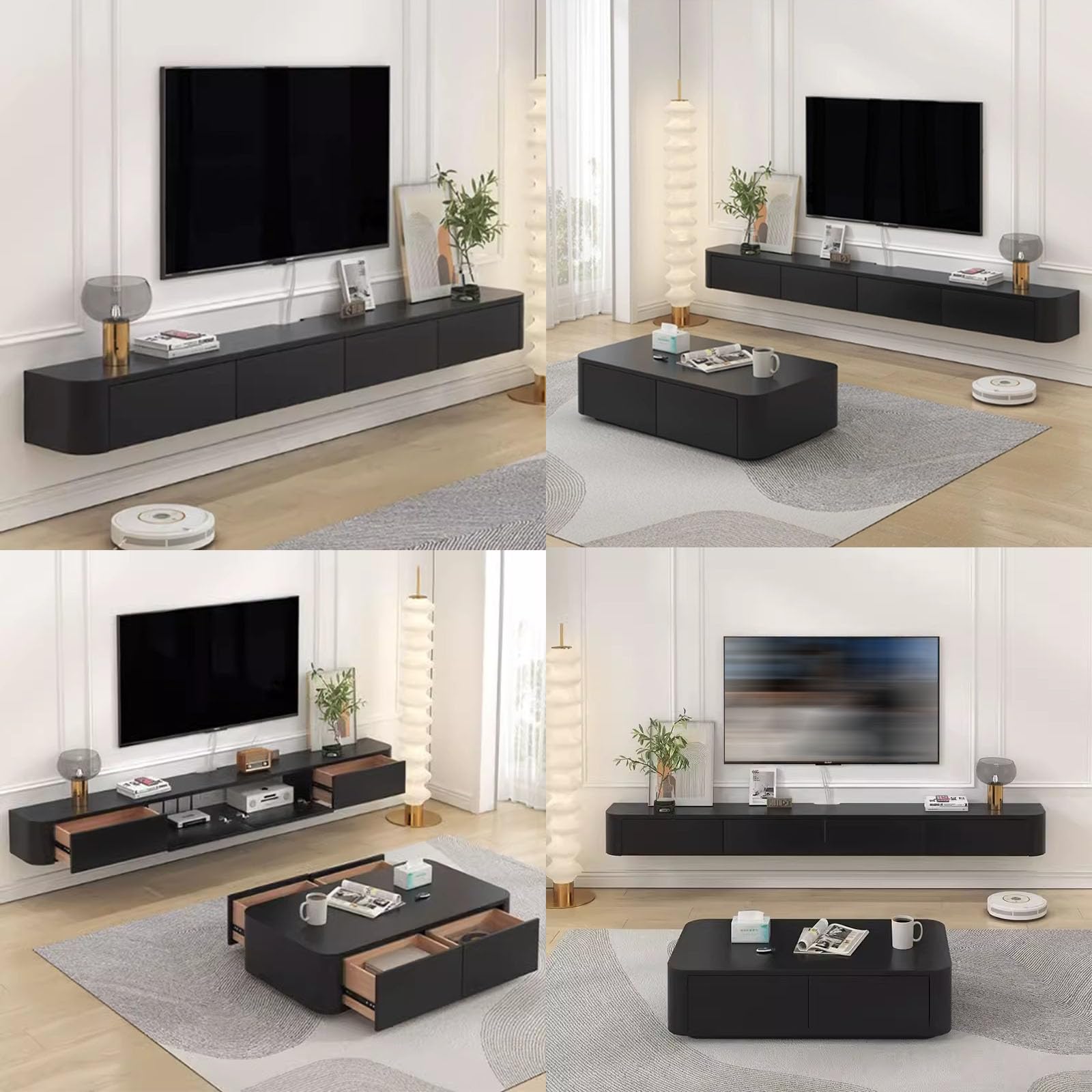 Schwimmende TV-Konsole, Wandhalterung, TV-Ständer mit Multi-Staufach für Wohnzimmer und Schlafzimmer, großer TV-Schrank in Schwarz (140 x 20 x 24 cm)