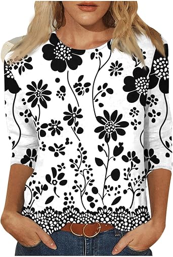 Summer Tops for Women Trendy 3/4 Sleeve Boho Floral Tunic Shirts Dressy Casual Crewneck Loose Fit Blouses
