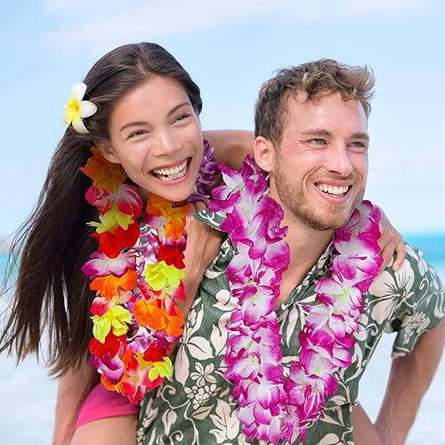 Miniatura 6 de ADXCO Collar de Leis hawaiano grueso de 12 piezas, guirnalda hawaiana para fiesta de baile de Hula Luau, collar floral Leis para suministros de