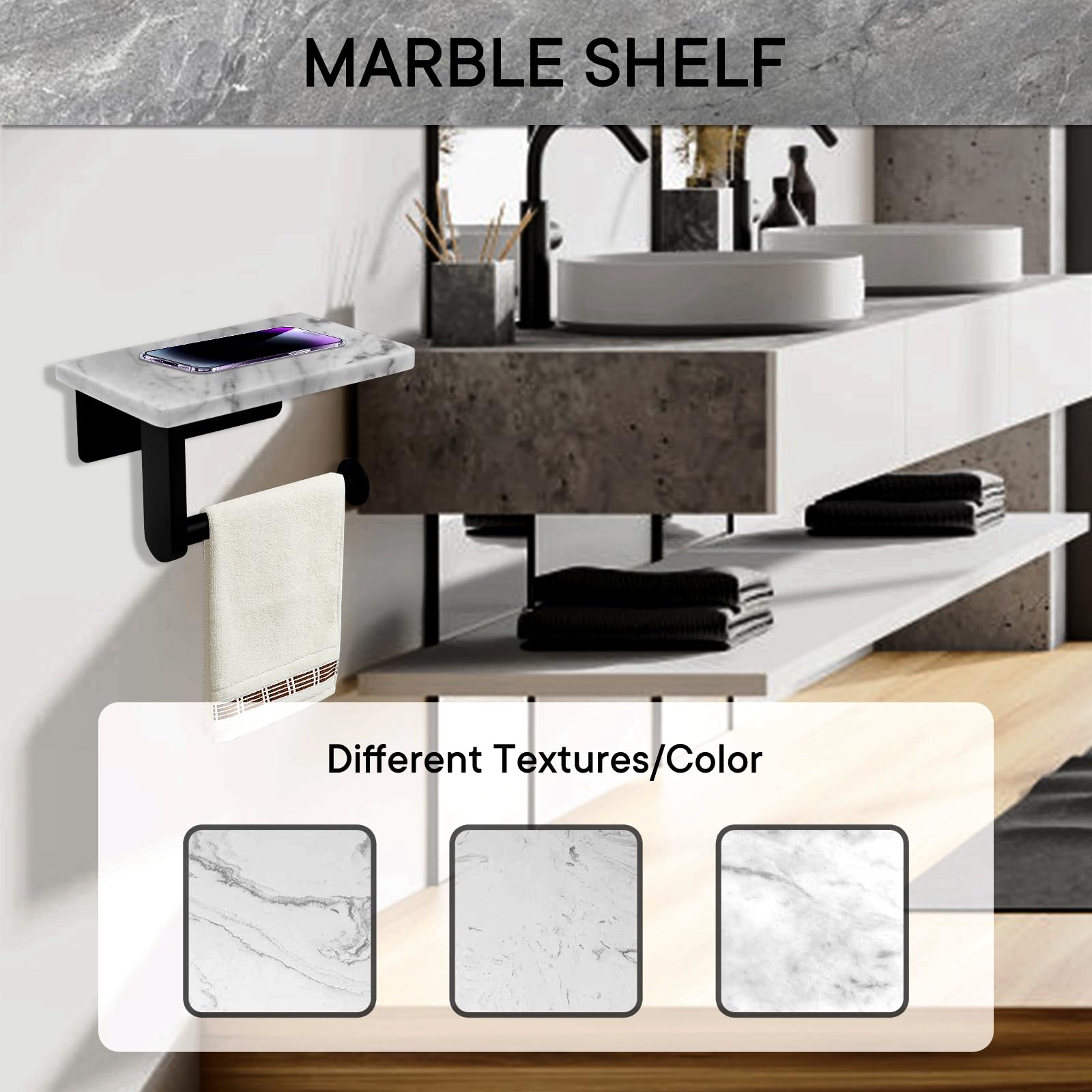 MEGA HANDLES Toilettenpapierhalter Aus Marmor Mit Ablage – Wandmontage, Nickelbeschichtet, Für Badezimmer