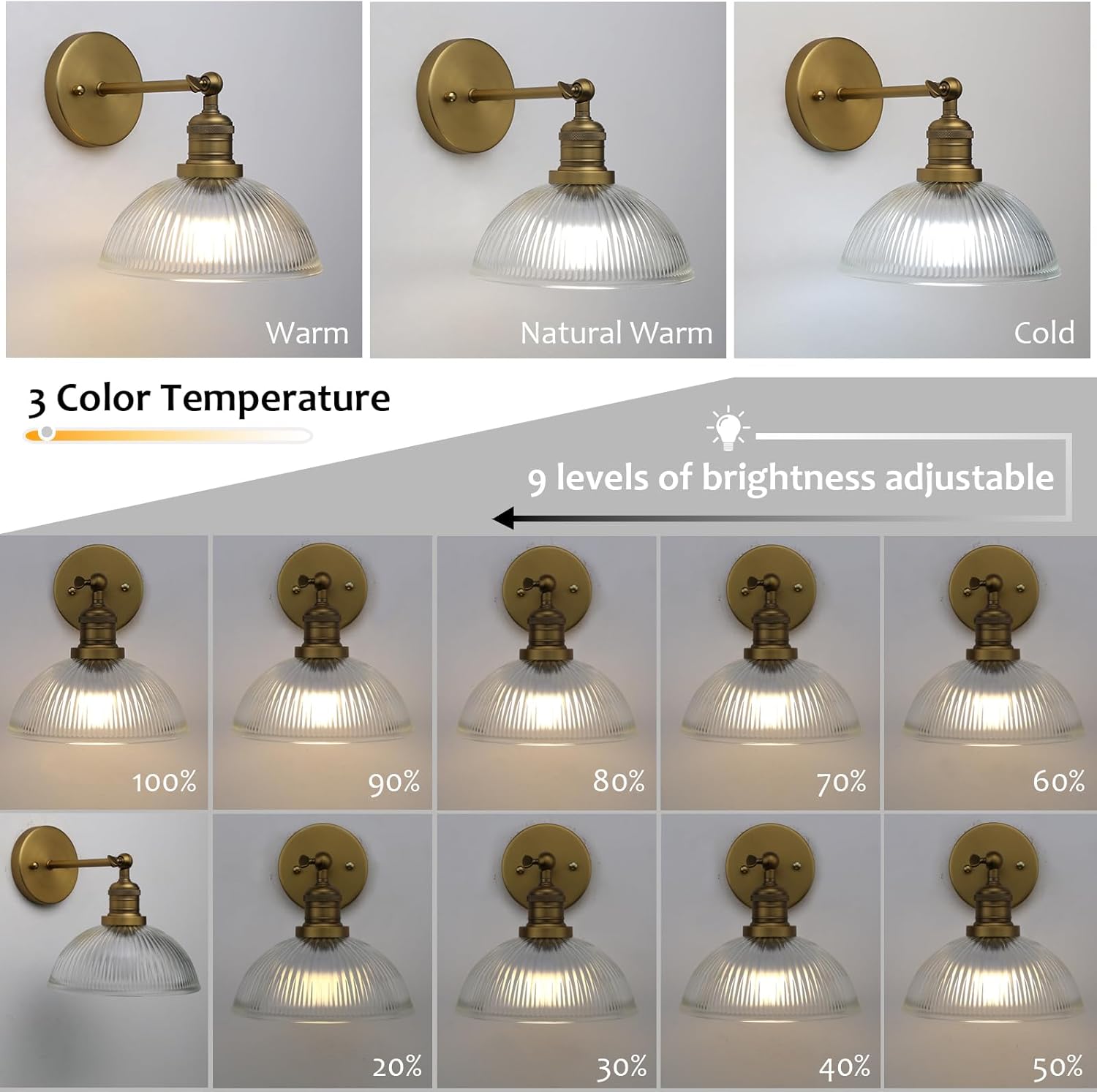 Pathson Battery Operated Wireless Wall Sconce, Rechargeable Modern Wall Vanity Light, Striped Glass Bowl Lampshade, Remote Dimmable Wall Lighting Indoor Led Wall Lamp Fixture for Bedroom Living Room