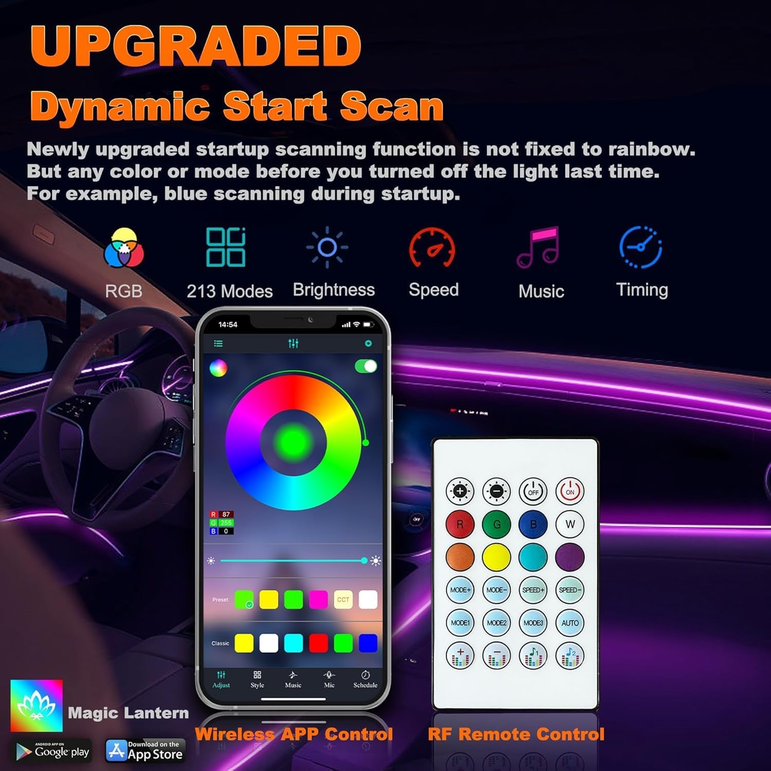 Car LED Strip Lights, Interior Acrylic LED Lights for Car with Dynamic Rainbow Dream Color Chasing, Ambient Lighting Kits Music Sync (10 in 1(4 * 29.5"+43.3"+14.5"+4 Footwell Lights))