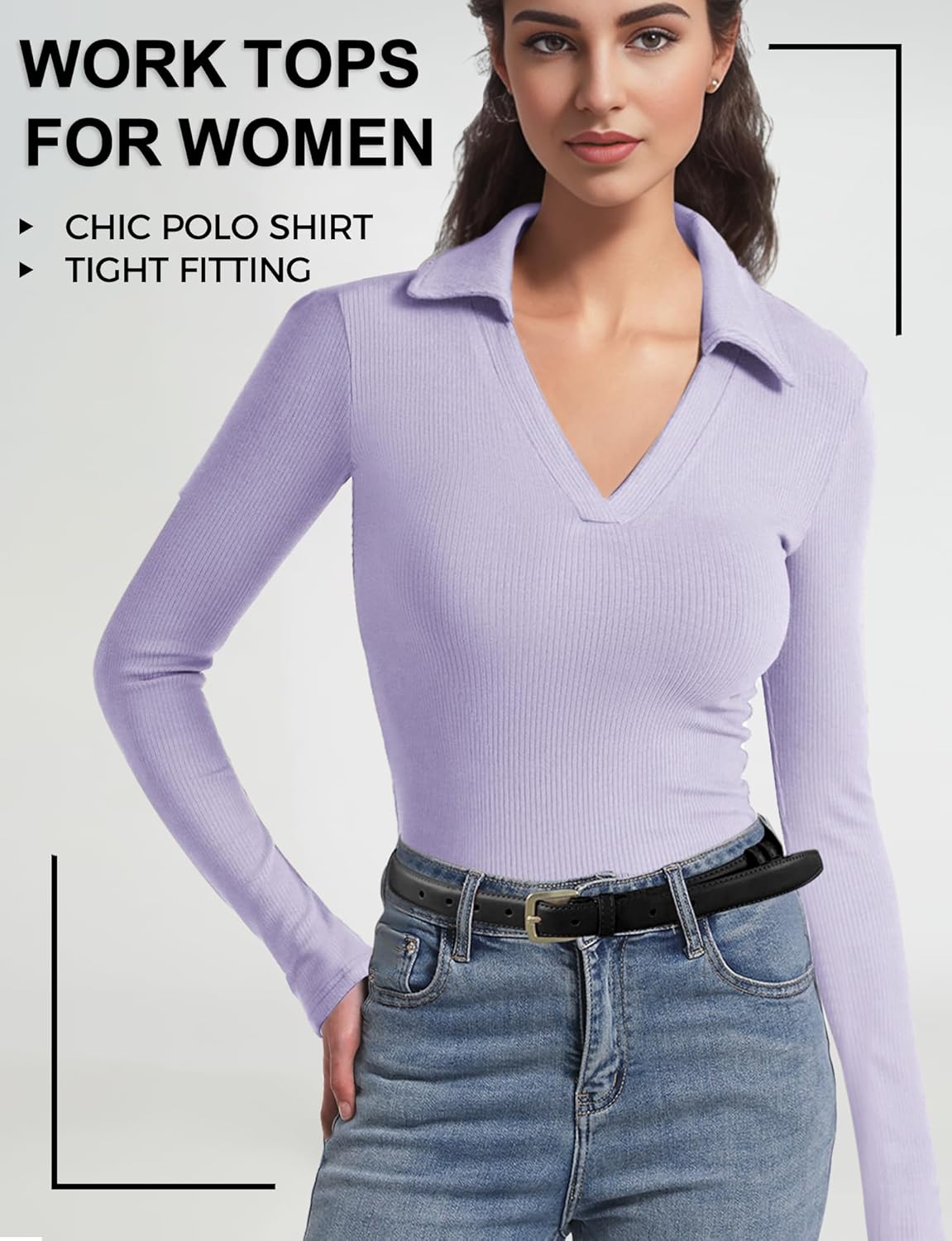 Long Sleeve Polo Shirts for Women V Neck Business Casual Work Tops Collared Shirts Slim Fit T-Shirts Fall Clothes Ladies Soft Ribbed Knit Work Shirts Trendy Fall Fashion Outfits, L, Lanvder - Image 6