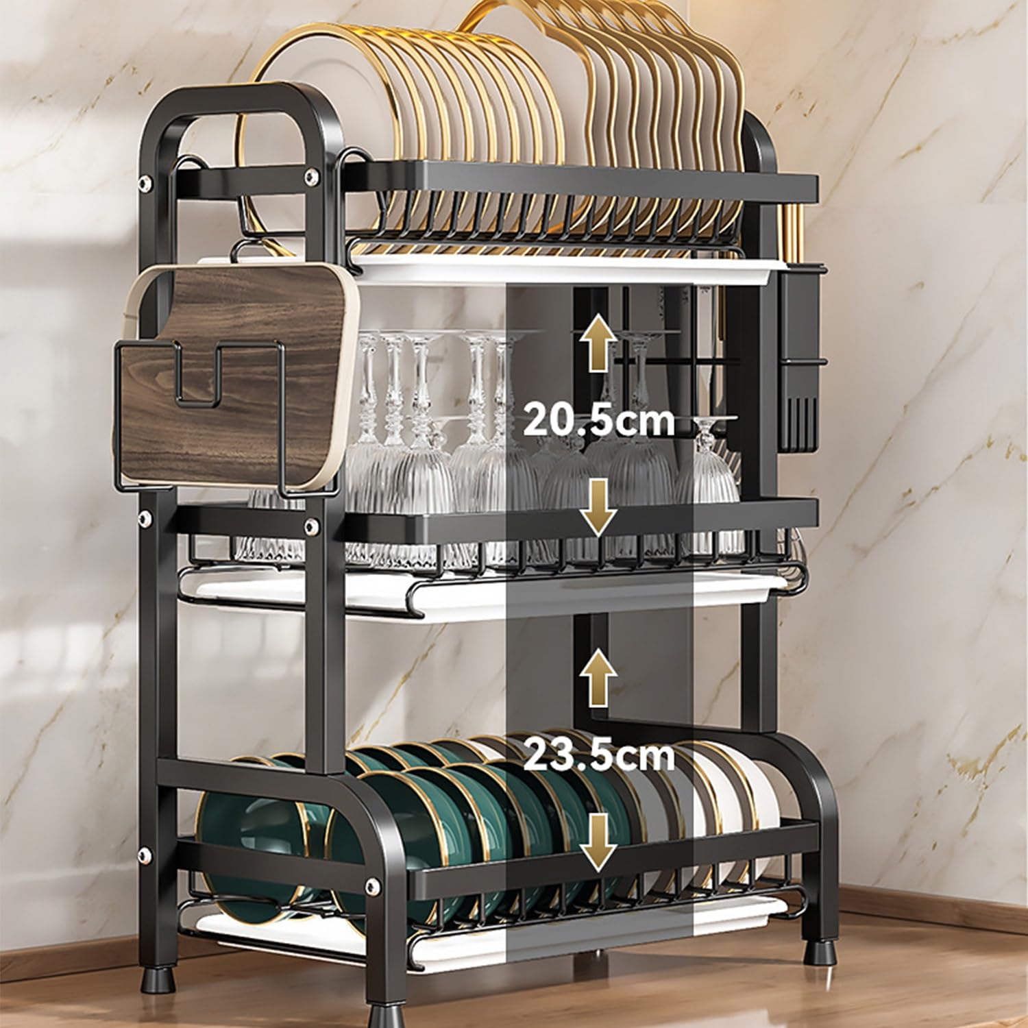 Lar - Escurridor de platos de acero inoxidable de 2 niveles con escurridor, siles y portavasos, nizer de encimera de cocina a prueba de óxido, diseño que ahorra espacio (negro, 43 x 39 cm)
