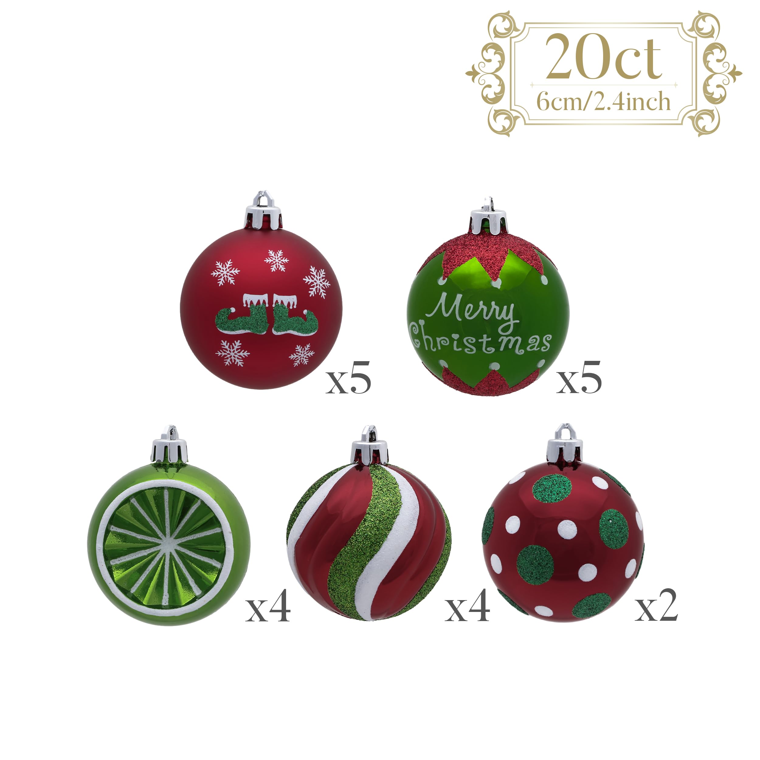 Victor's Workshop 20Pcs Bolas de Navidad 6cm, Adornos de Navidad para Arbol Tema Elfo Setl, Decoración de Bolas Navideños Plástico de Rojo Blanco Verde, Regalos de Colgantes de Navidad (Deleitoso)