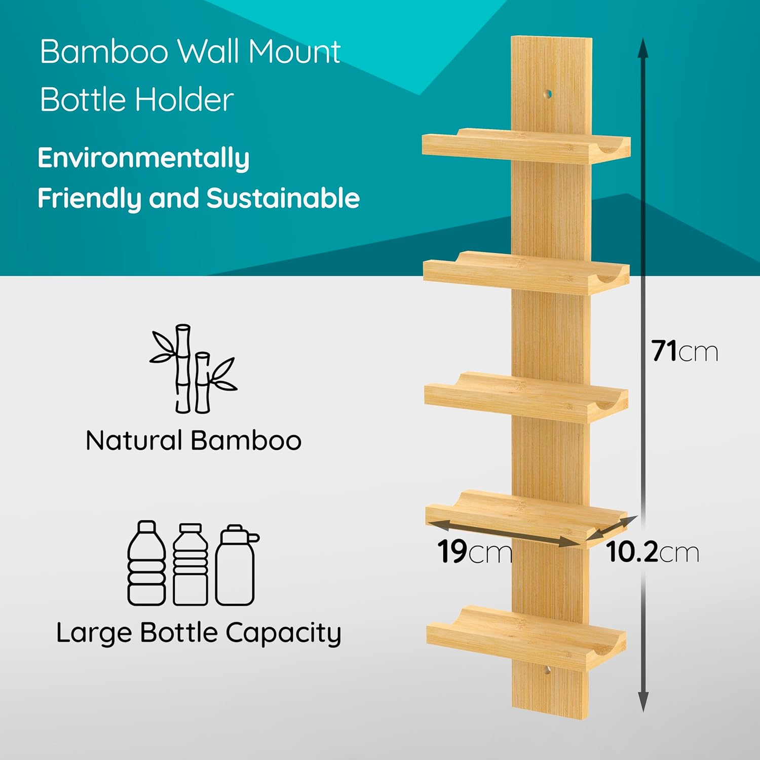 Bamboo Water Bottle Organizer – Wall-Mounted Water Bottle Holder – Stackable Water Bottle Rack with 5 Shelves for Efficient Storage