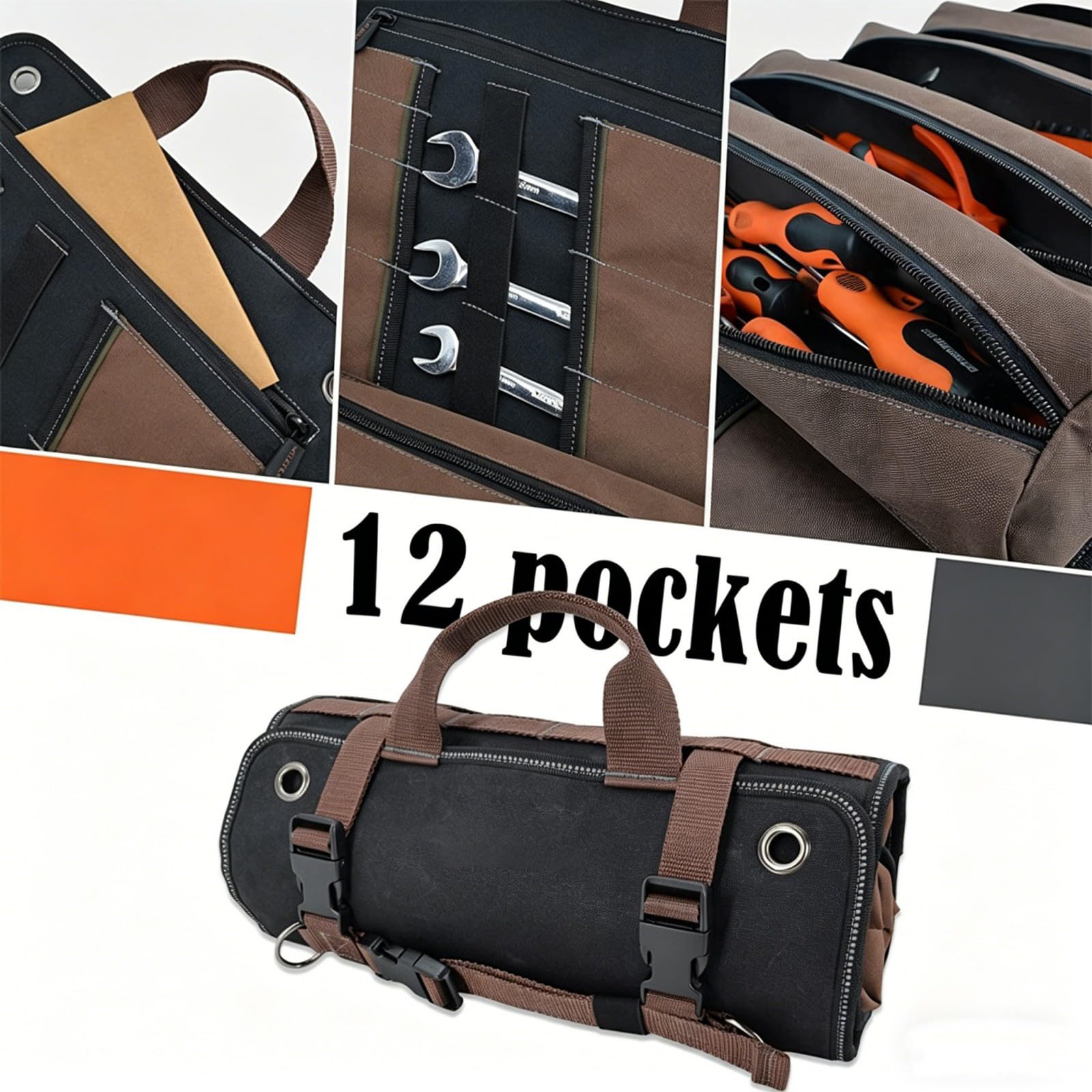 Sac à Outils Enroulableavec 13 Poches, 5 Fermetures Éclair + 7 Glissières, Grande Trousse à Outils pour Électricien, Plombier, Bricoleur, Imperméable et Antidéchirure