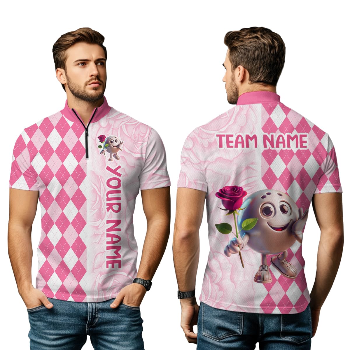 PIONAMZIOZ Personalized Bowling Team Jersey Polo & Quarter-Zip Bowling Shirt for Couples Ladies Button Down Shirt (US, Alpha, Small, 5X-Large, Regular, Regular, Men Quarter-Zip)