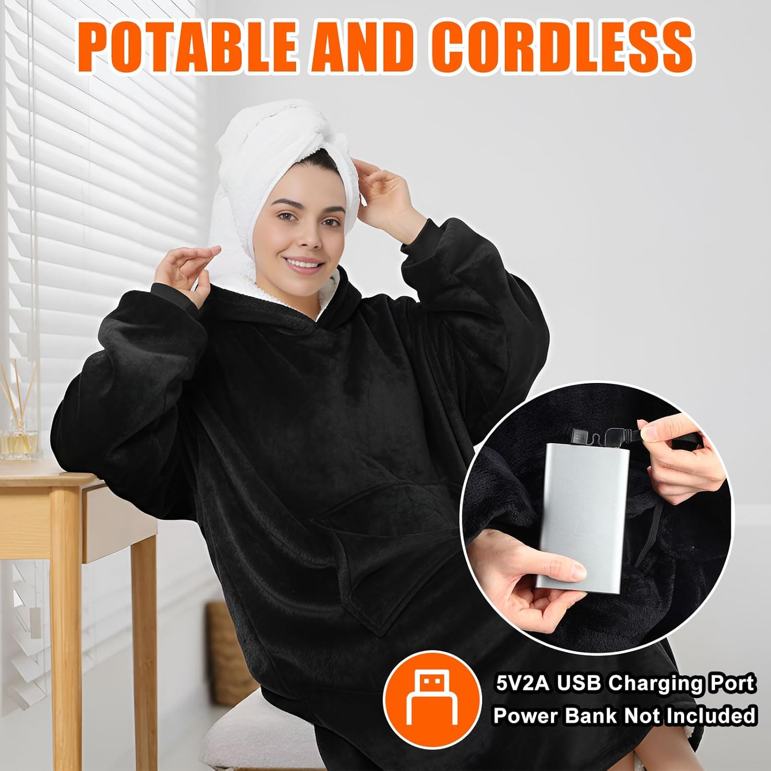 Heated Blanket Wearable Hoodie USB Oversized Heated Sweatshirt for Women with Giant Pocket 3 Heating Levels(Black,No Pattern) - Image 6