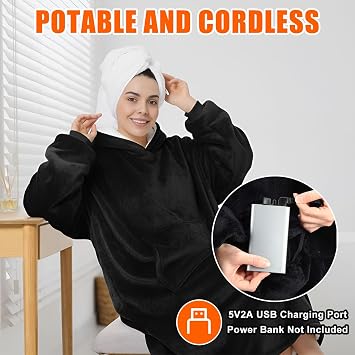Glooglitter Heated Blanket Wearable Hoodie USB Oversized Heated Sweatshirt for Women with Giant Pocket 3 Heating Levels(Black,No Pattern)