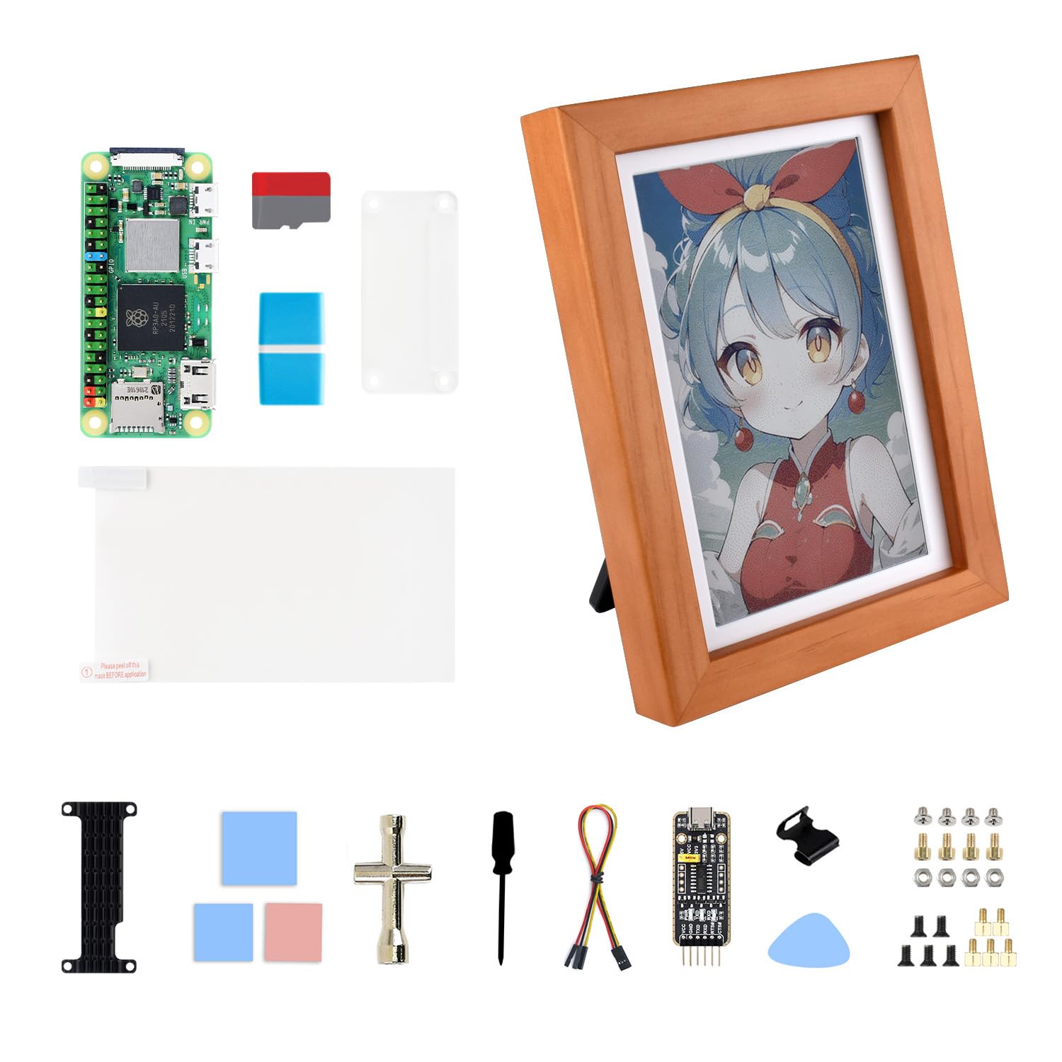 Waveshare 7.3inch E6 Full Color E-Paper with Solid Wood Photo Frame for Raspberry Pi Zero, Ultra-Long Standby, 800 × 480 Resolution, Bundle with Pi Zero 2 WHC, No Batt