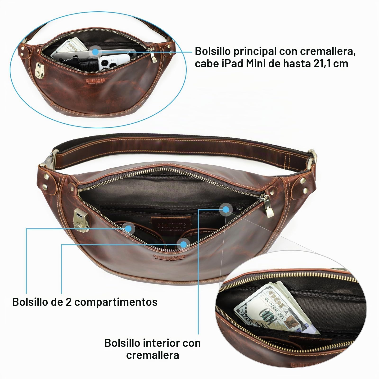 Contacts Bolso bandolera de piel auténtica para hombre, bolso cruzado pequeño para hombre, casual, riñonera, para ciclismo, senderismo, viajes, Coffee3.0, 30 cm x 9 cm x 17 cm
