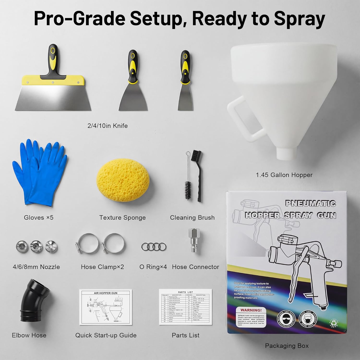 Drywall Texture Spray Gun Kit - 1.45 Gal Hopper, 3 Nozzles (4.0/6.0/8.0mm) & Elbow Hose for Popcorn,Knockdown, Orange Peel Texture on Walls & Ceiling, Includes Knockdown Knife & Sponge for Pro Finish