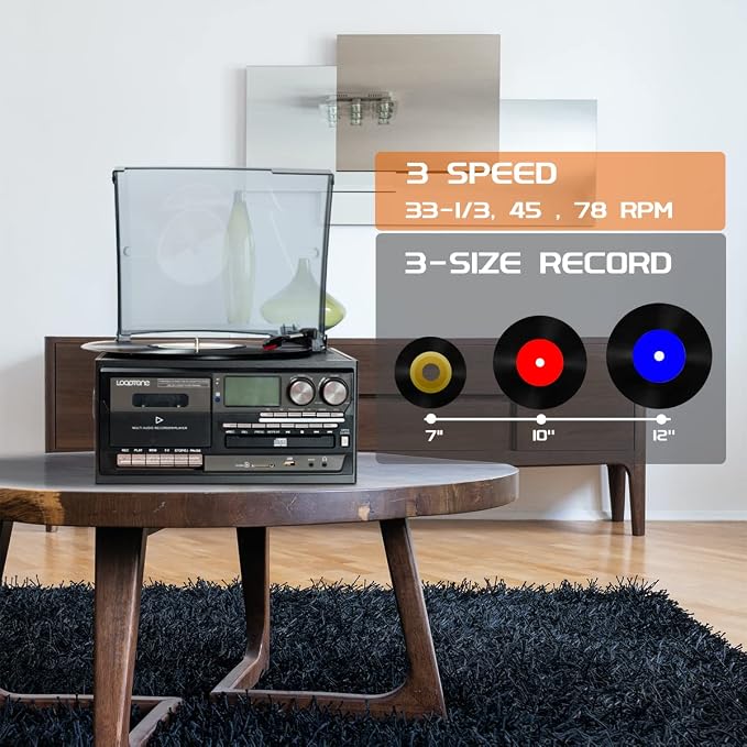 Reproductor de vinilo 10 en 1 con Bluetooth y radio AM/FM miniatura 7
