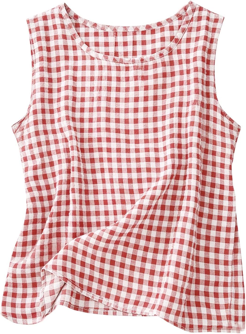 Gingham Girls Tank Tops Linen Cotton Blend Sleeveless Summer Shirts Crew Neck Loose Breathable Casual Tops for Kids