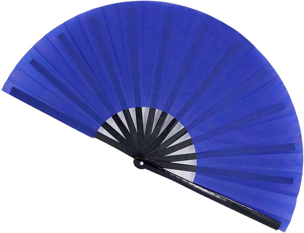 Large Folding Fan Rave Clack Folding Hand Fan Festival Fans for Women Men, Chinese Japanes Kung Fu Tai Chi Bamboo Fan Hand Held Folding Fan for Music Festival, Performance, Party, Blue