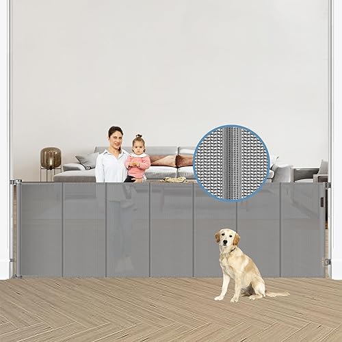 Miniatura 15 de Puerta retráctil reforzada para bebés de 75 pulgadas de ancho con barras de soporte, puertas retráctiles para perros extra largas mejoradas para