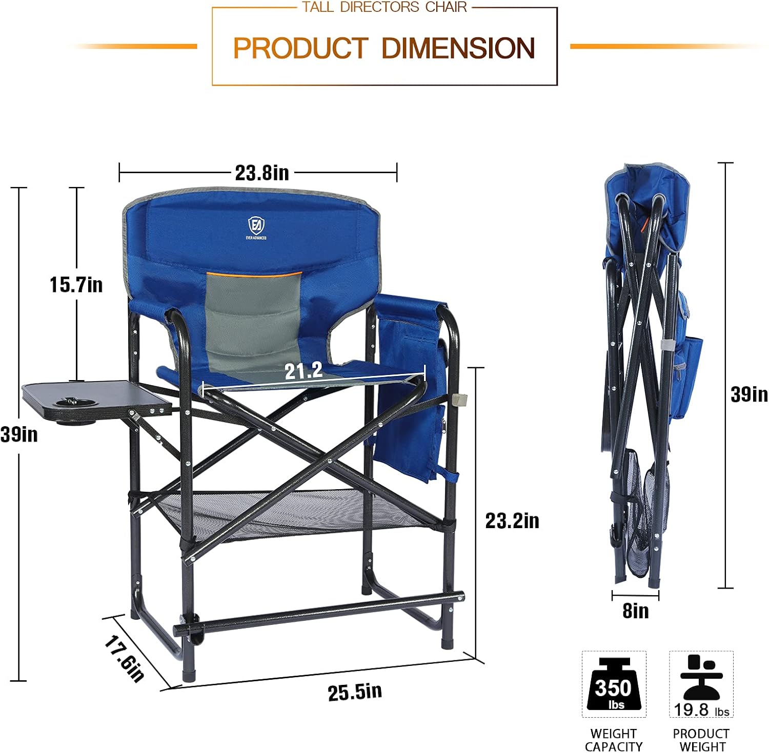 EVER ADVANCED Medium Tall Directors Chair with Side Table Cup Holder, Folding Makeup Artist Chair Bar Height Chair with Carry Bag Footrest, Weight Capacity 300LBS (Blue) : Home & Kitchen