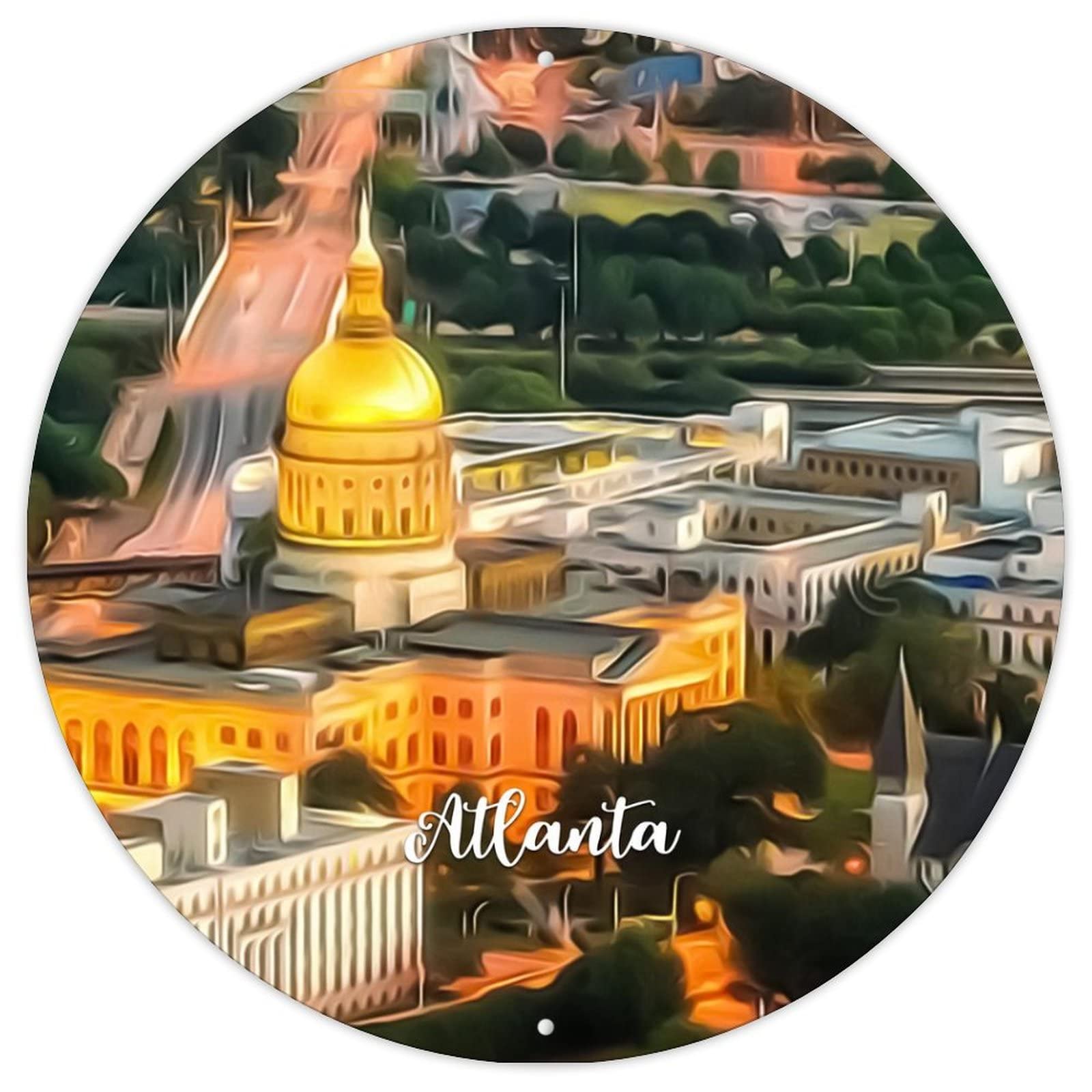 CowkissSign USA City Atlanta Round Metal Wall Sign Capital City of Georgia Wall Decor Metal Sign Country Souvenir Gift Aluminum Metal Signs for Kid Room Living Room 9x9in Gift to Travel Lover