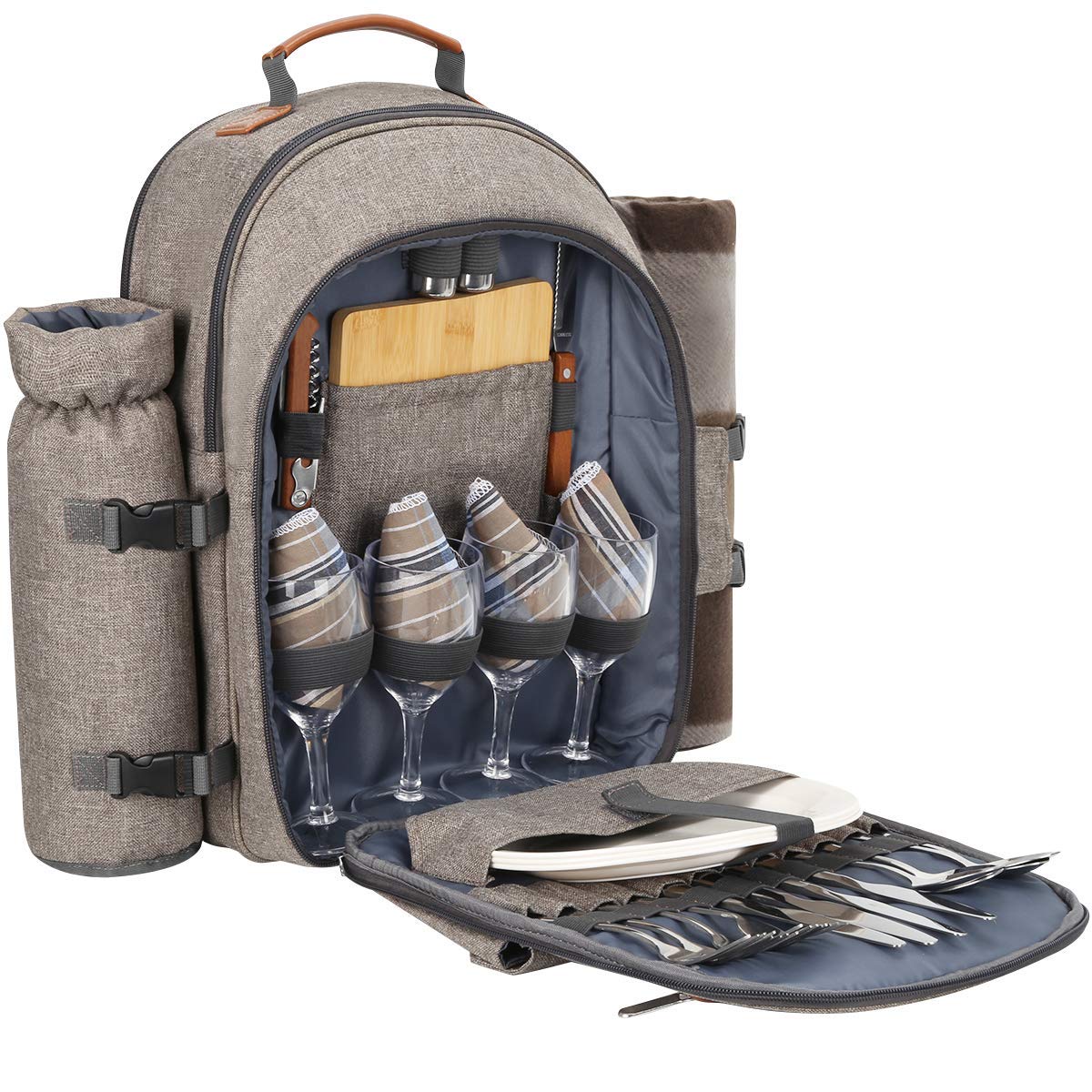Sunflora Sac à Dos Pique Nique 4 Personnes Deluxe avec Poche Sac Pique-Nique Isotherme Panier Pique Nique avec Vaisselle et Couverture pour Camping Familial pelouse(Beige)