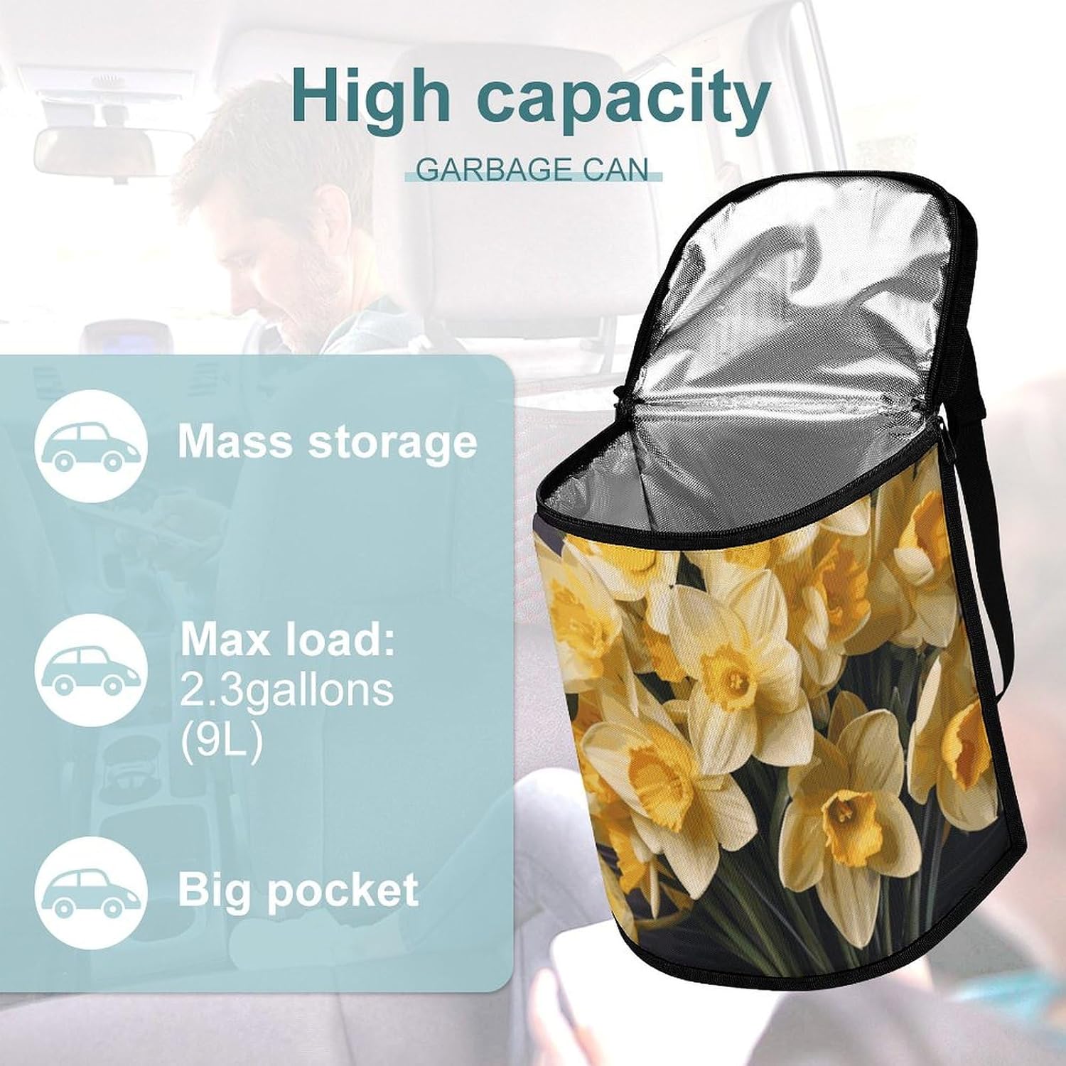 Bouquet of Daffodils Car Trash Can Bin Bag Waterproof Car Garbage Can Bag Trash Can for Car Car Trash Can for Women Men Garbage Can for Car Car Trash Can with Lid Trash for Car Trucks Rvs