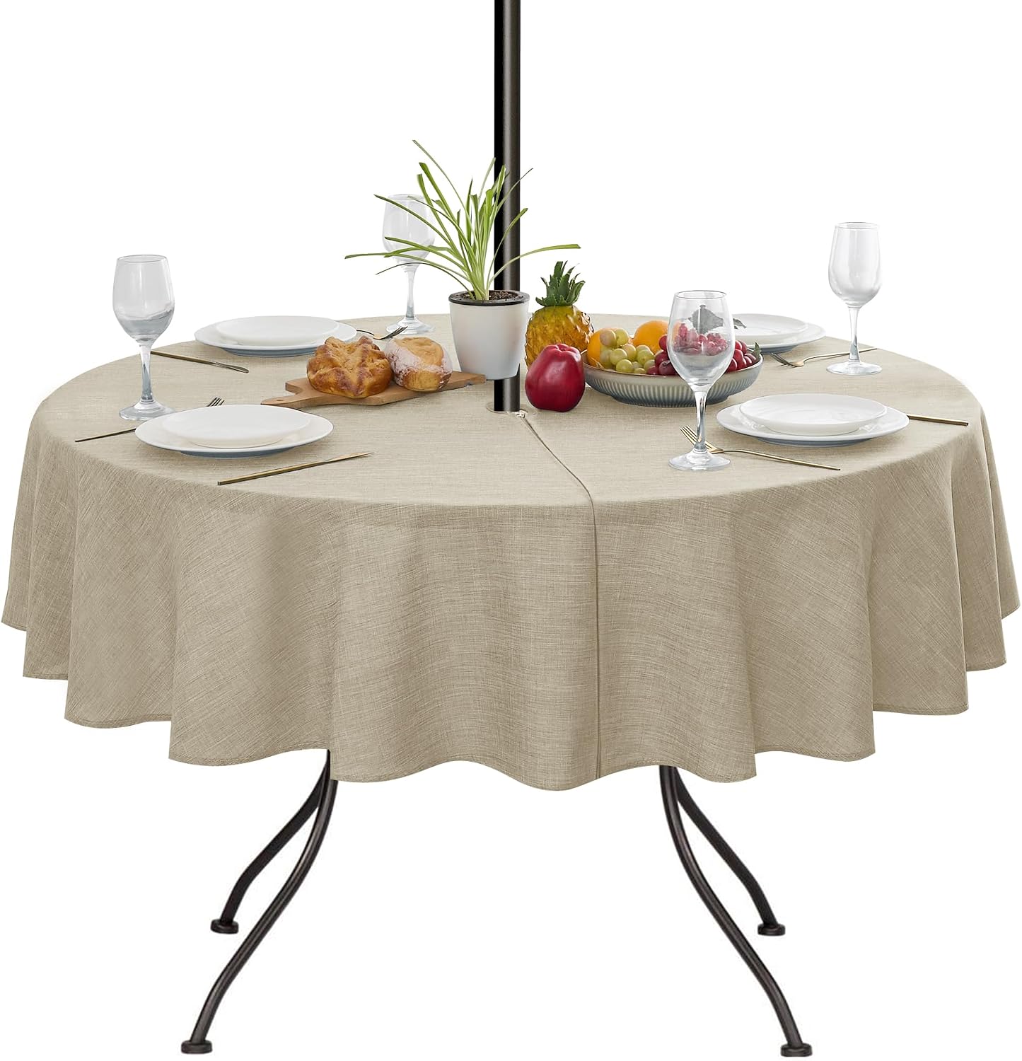LUSHVIDA Outdoor Tablecloth with Umbrella Hole, Natural, 60 Inch Round | Zippered Patio Table Cloth Cover, Linen-Look Polyester, Water Resistant for Picnic Outside