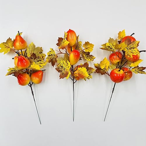 Miniatura 4 de 6 palillos florales de otoño, hojas de arce artificiales de 9.4 pulgadas, tallos de calabaza, bayas, tallos de calabaza para jarrones, selecciones