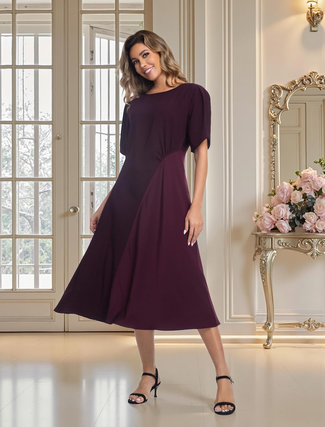 Women's Satin Panel Dress Semi Formal Midi Dresses Elegant Short Puff Sleeve Ruched Waist A-Line Evening Dress - Image 3