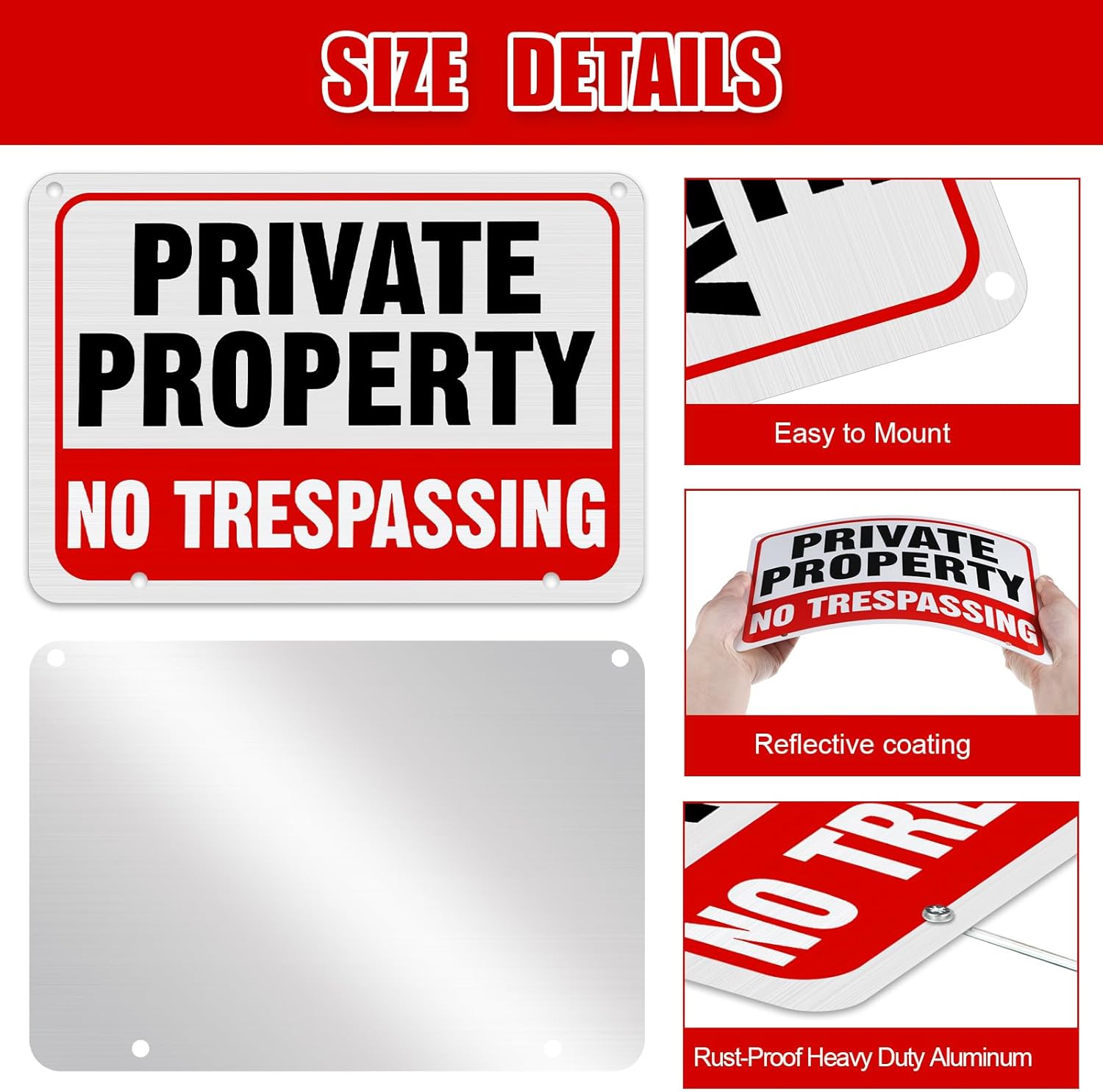 Zonon 6 Pack Metal No Trespassing Sign 12 x 8 Inch Private Property Word with H Stake Reflective Aluminum Security Weatherproof Outdoor Metal Outdoor Keep out Sign, Easy to Mount(Black)