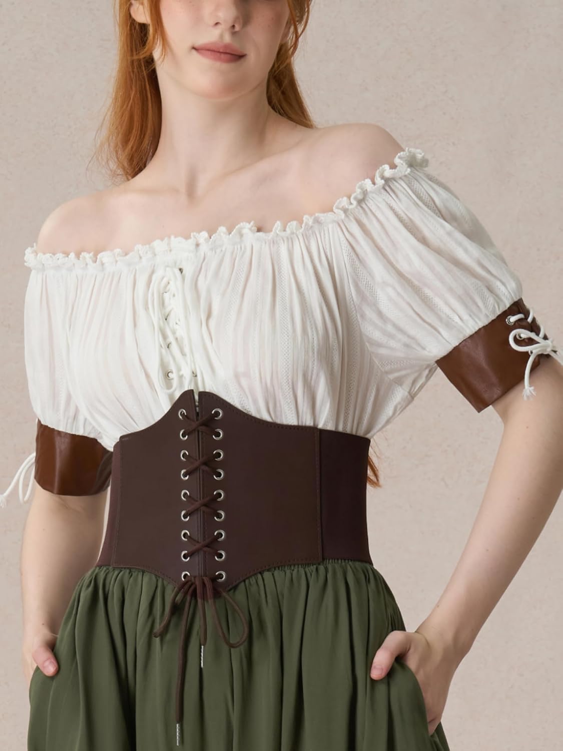 YESSA Women Renaissance Shirt,Victorian Off Shoulder Peasant Blouse,Pirate Short Sleeve Smocked Tops,Ren Faire Costumes - Image 4
