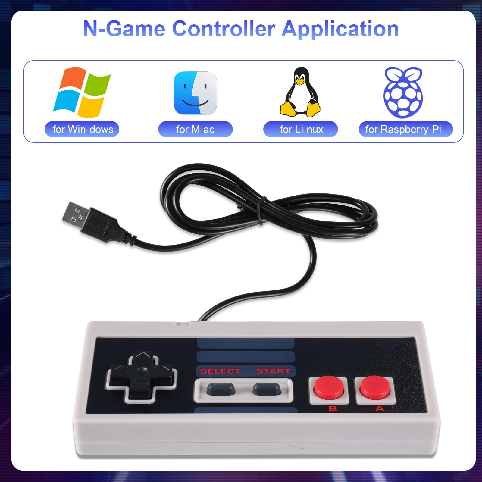 Binghe NES Game Controller, Controller per giochi NES con USB Interfaccia Modello classico Compatibile con Classic NES/PC/M-A-C/Raspberry Pi 3(2 pezzi)