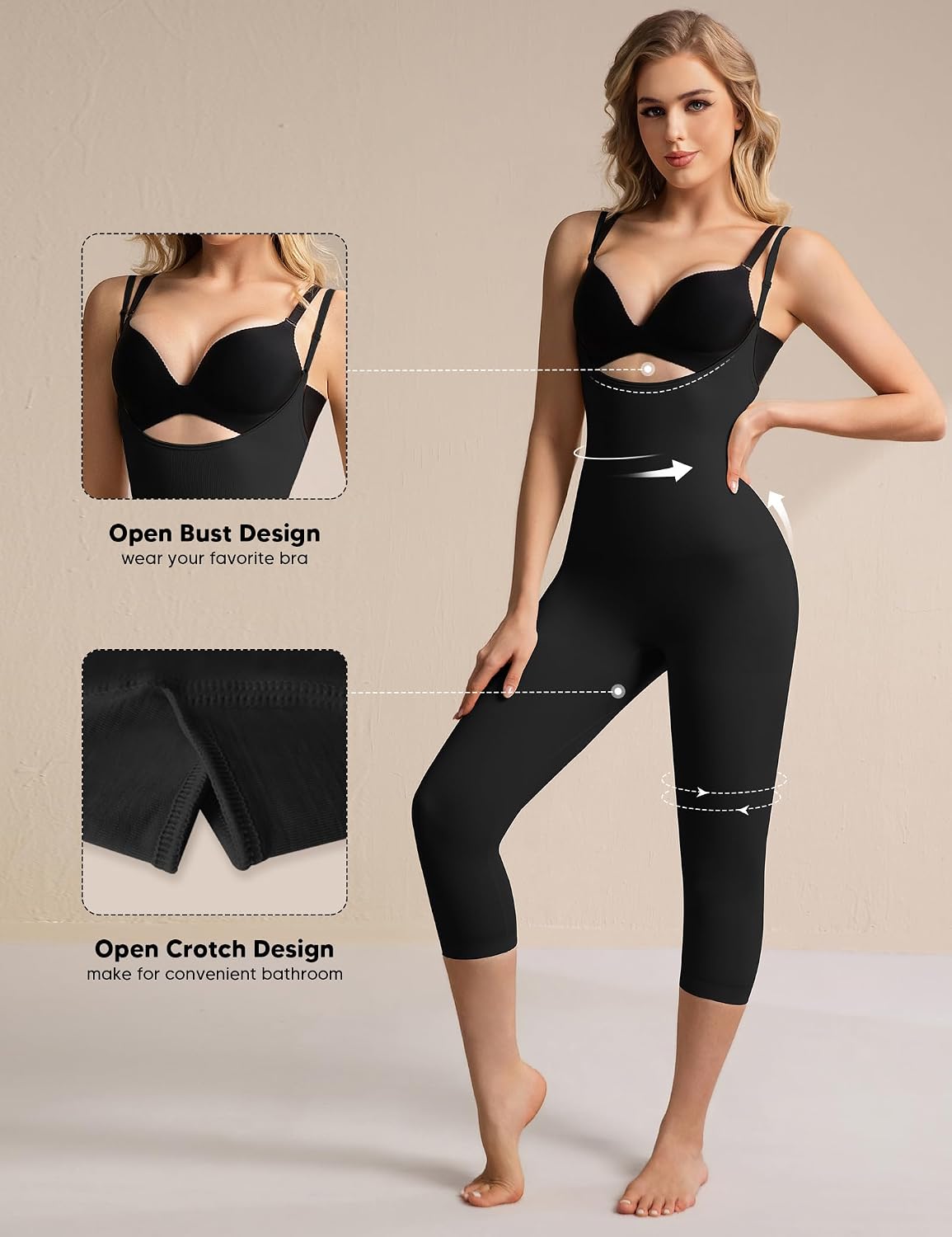 Women's Open Bust Full Body Shapewear - Tummy Control Capri Bodysuit with U-Back, Butt Lifting & Thigh Slimming